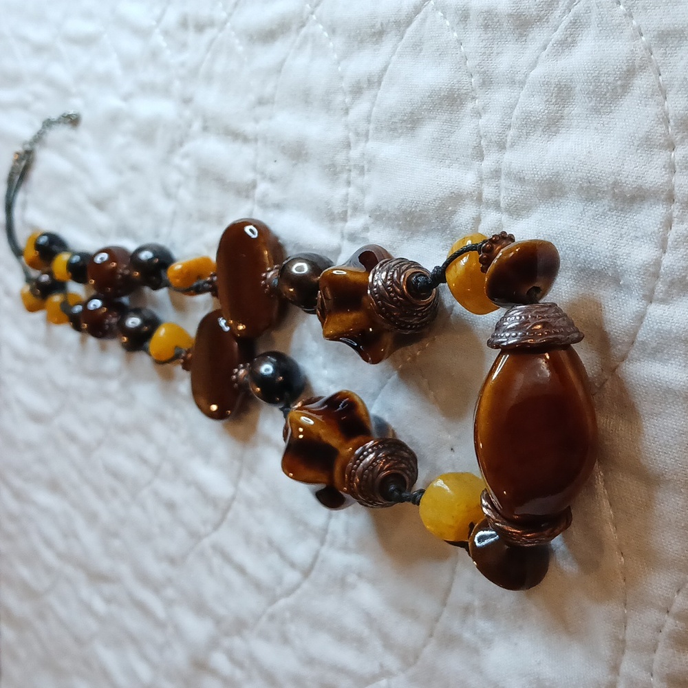 Elegant Brown and Yellow Beaded Glass Necklace